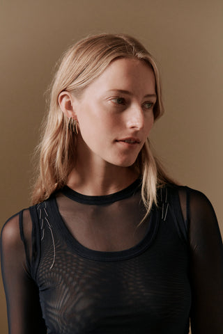 Their Studios Maxime Large Ribbed Earrings, on model, gold bridal jewelry at Mae Bridal