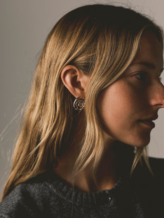 Their Studios Shelby Swirl Earrings, on model, jewelry for bride on wedding day at Mae Bridal