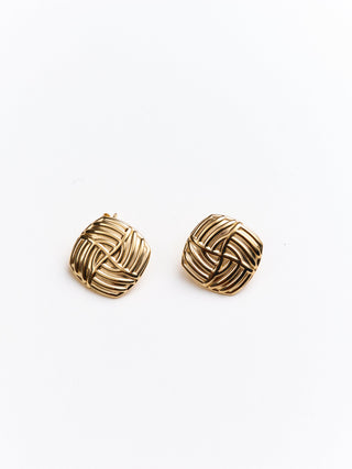 Their Studios Sydney Cushion Shape Earrings front view at Mae Bridal, cushion shape earrings, gold bridal jewelry, elegant bridal jewelry