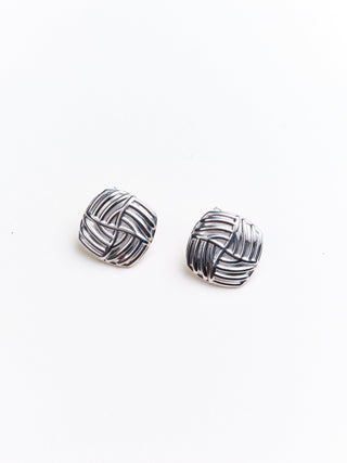 Their Studios Sydney Cushion Shape Earrings, on model, wedding jewelry earrings at Mae Bridal