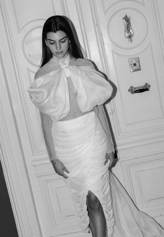 Théoro Bowie Top front view at Mae Bridal, silk organza top, bridal separates, bow bridal top