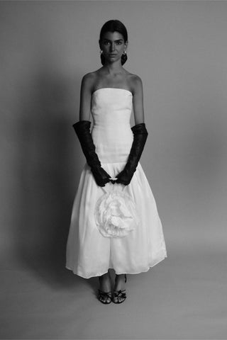 Théoro Flora Bag held at the wrist at Mae Bridal, bridal purse, bride bag, silk organza bag