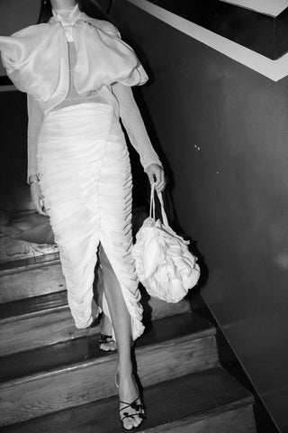 Théoro Flora Bag styled with a bridal look at Mae Bridal, bridal purse, bride bag, silk organza bag