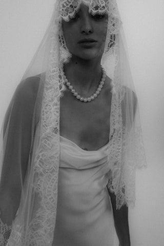 Théoro Frederique Veil silk tulle with Chantilly lace edging at Mae Bridal, silk tulle veil, chantilly lace veil, bridal veil