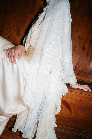 Théoro Frederique Veil styled bridal look at Mae Bridal, silk tulle veil, chantilly lace veil, bridal veil