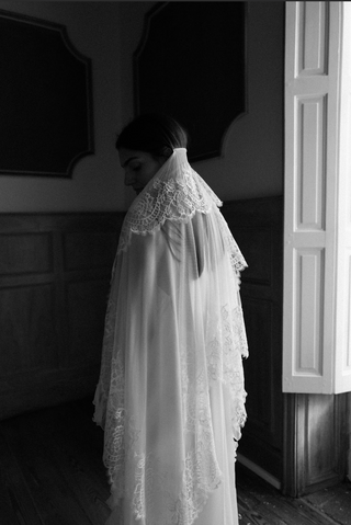Théoro Frederique Veil front view at Mae Bridal, silk tulle veil, chantilly lace veil, bridal veil