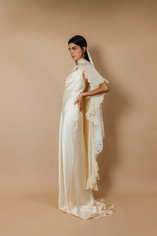 Théoro La Nuit full length at Mae Bridal, silk slip dress, champagne slip dress, minimalist wedding dress