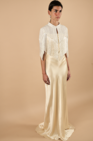 Théoro La Nuit back detail at Mae Bridal, silk slip dress, champagne slip dress, minimalist wedding dress