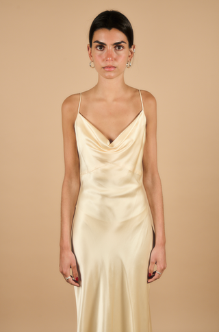 Théoro La Nuit side view at Mae Bridal, silk slip dress, champagne slip dress, minimalist wedding dress
