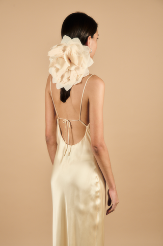 Théoro La Nuit front view at Mae Bridal, silk slip dress, champagne slip dress, minimalist wedding dress