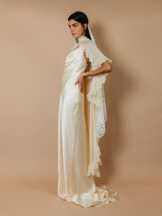 Théoro Matadero Cape cape movement at Mae Bridal, bridal cape, silk chiffon cape, cape wedding gown