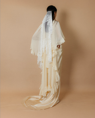 Théoro Matadero Cape back view at Mae Bridal, bridal cape, silk chiffon cape, cape wedding gown
