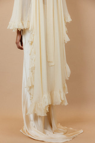 Théoro Matadero Cape full length at Mae Bridal, bridal cape, silk chiffon cape, cape wedding gown
