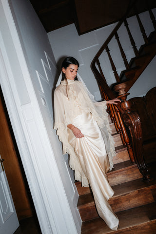 Théoro Matadero Cape front view at Mae Bridal, bridal cape, silk chiffon cape, cape wedding gown