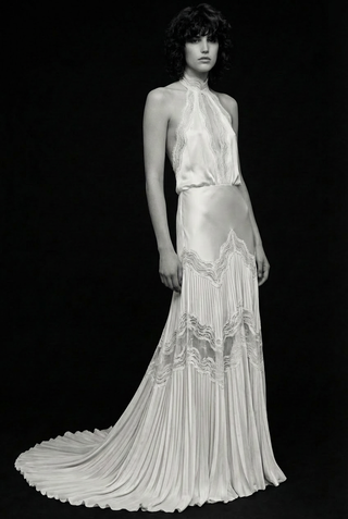 Théoro Mia Gown at Mae Bridal, halter neck wedding dress, chantilly lace wedding gown, silk satin wedding dress