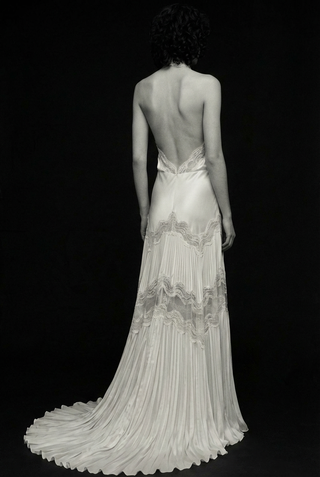 Théoro Mia Gown, an open back silk wedding dress at Mae Bridal, high neck low back wedding dress, silk chiffon wedding gown