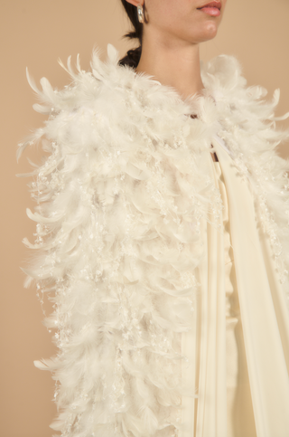 Théoro Royal Cape hook and eye neckline at Mae Bridal, feather bridal cape, ostrich feather cape, bridal cape