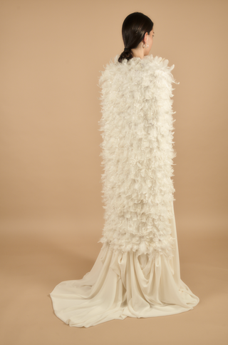 Théoro Royal Cape feather detail at Mae Bridal, feather bridal cape, ostrich feather cape, bridal cape