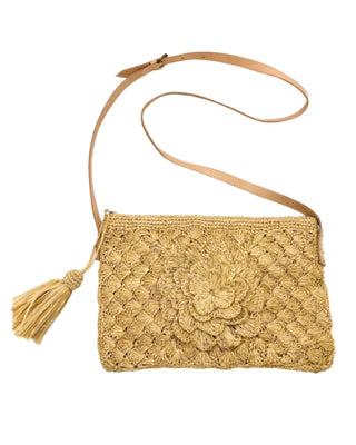 ZaZa Flower Crochet Raffia Straw Crossbody Bag Purse with Tassel Zipper Pull