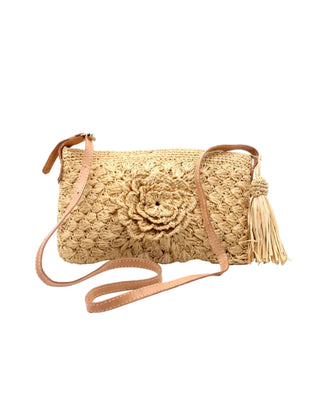 ZaZa Flower Crochet Raffia Straw Crossbody Bag Purse with Tassel Zipper Pull
