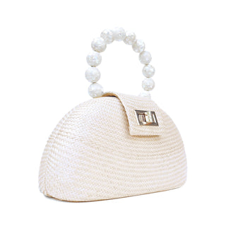 THE ORLA Cream Woven Straw & Shell Pearl Bead Statement Clutch Bag
