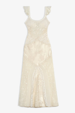 Beige lace dress with ruffled straps on a white background
