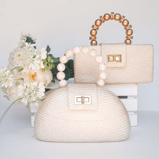THE ORLA Cream Woven Straw & Shell Pearl Bead Statement Clutch Bag