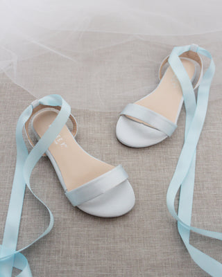 Satin Flat Sandal with Ballerina Lace Up in Light Blue