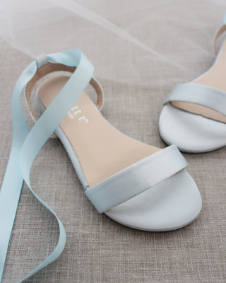 Satin Flat Sandal with Ballerina Lace Up in Light Blue