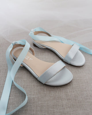 Satin Flat Sandal with Ballerina Lace Up in Light Blue