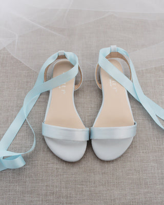 Satin Flat Sandal with Ballerina Lace Up in Light Blue