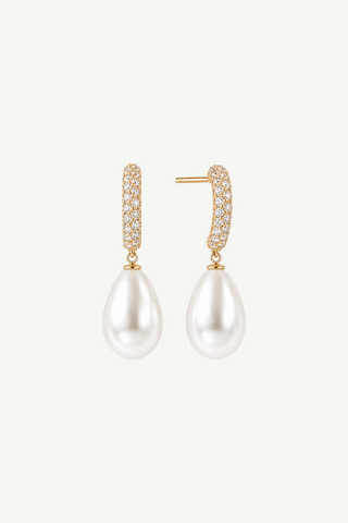 Pave Hoop Pearl Drop Earrings