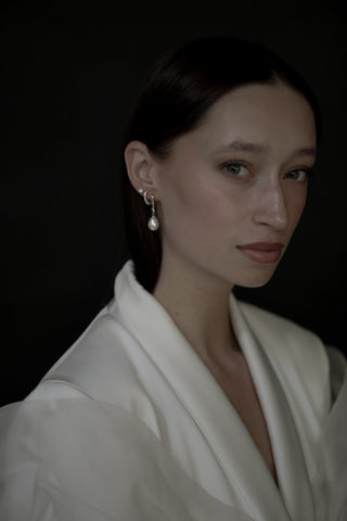 Sculptural Line Pearl Drop Earrings