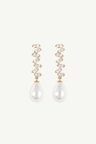 Stacked Baguette Pearl Dewdrop Earrings